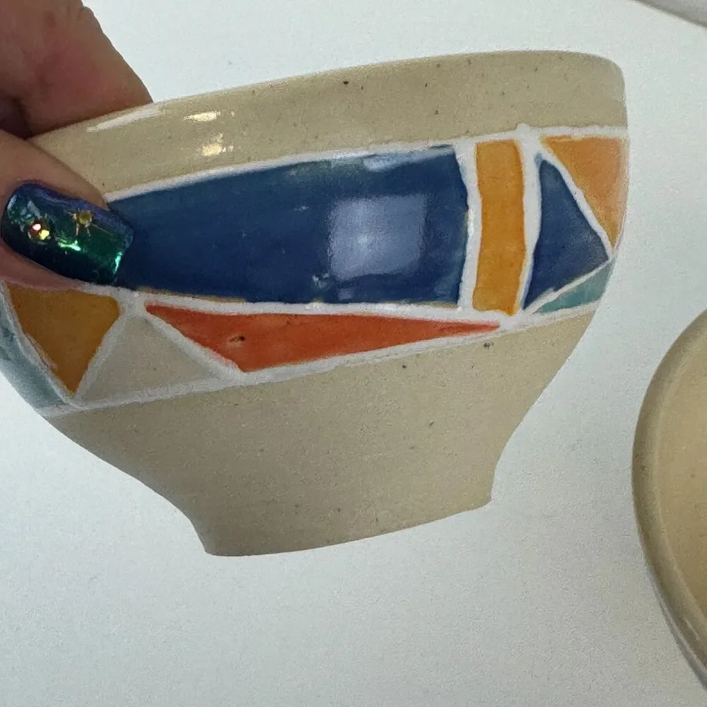 Handmade Ceramic Stoneware Nesting Bowls Colorful Abstract Geometric Design 2003